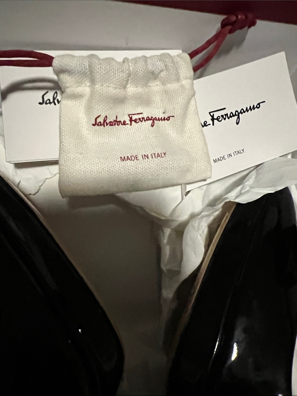 Salvatore Ferragamo Black Patent Leather Bow Pumps with Gold Plaque - Picture 9 of 11